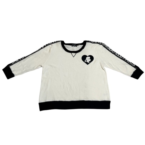 Karl Lagerfeld Paris Designer Sweater Cream Black Graphic Knit Logo Sleeve Sz XL - Picture 2 of 9